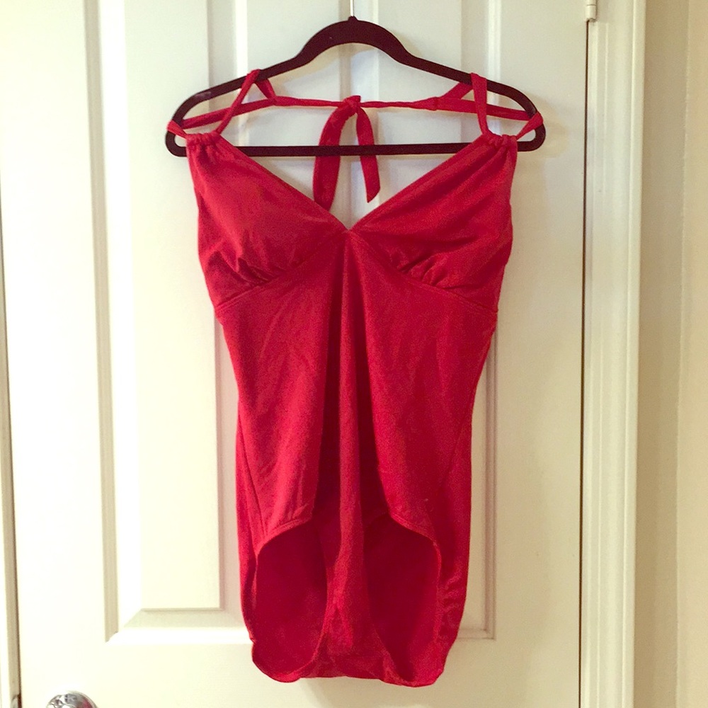 Bright red one piece deep V-neck bathing suit